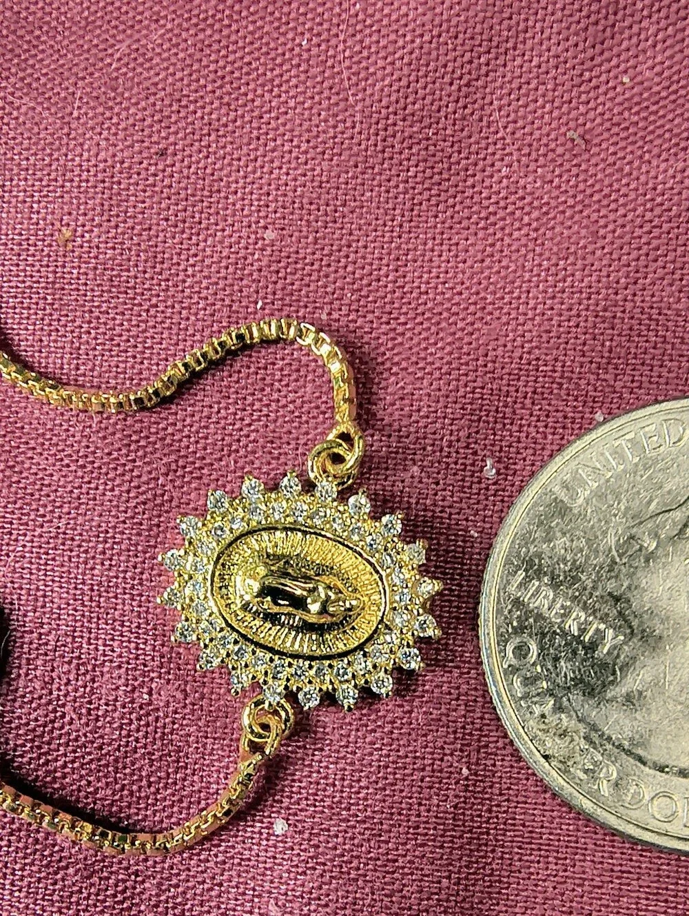 18K Gold Over Stainless Steel Miraculous Medal Bolo Bracelet CZ Halo Adjustable